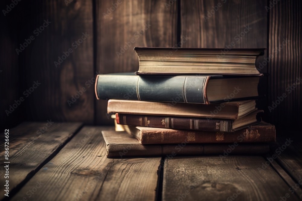 Poster a stack of books sitting on top of a wooden table next to a wooden wall with a candle on top of it a