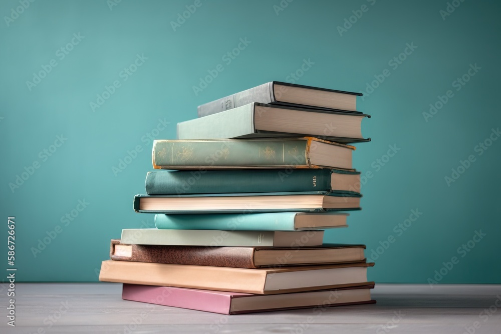 Poster a stack of books sitting on top of a table next to a blue wall with a green wall in the background a