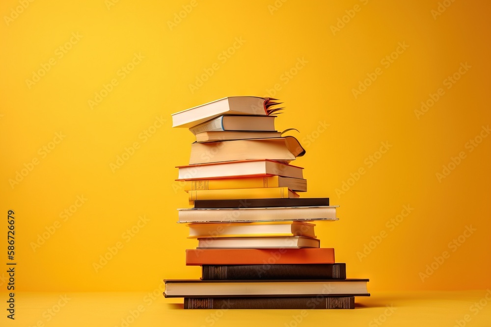 Poster a stack of books sitting on top of each other on a yellow background with a yellow background behind