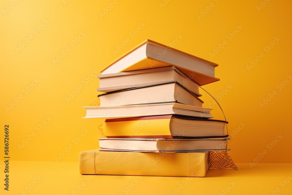 Poster a stack of books sitting on top of each other on a yellow surface with a yellow wall in the backgrou