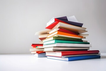  a stack of books sitting on top of a white table next to a white wall and a white wall in the background with a white wall in the background.  generative ai