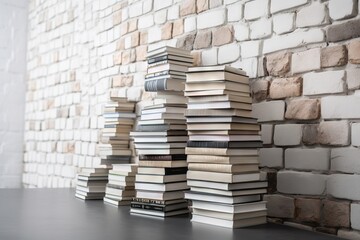  a stack of books sitting on top of a table next to a wall of books on a table next to a brick wall and a white brick wall.  generative ai