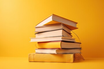  a stack of books sitting on top of each other on a yellow surface with a yellow wall in the background and a yellow wall in the background.  generative ai