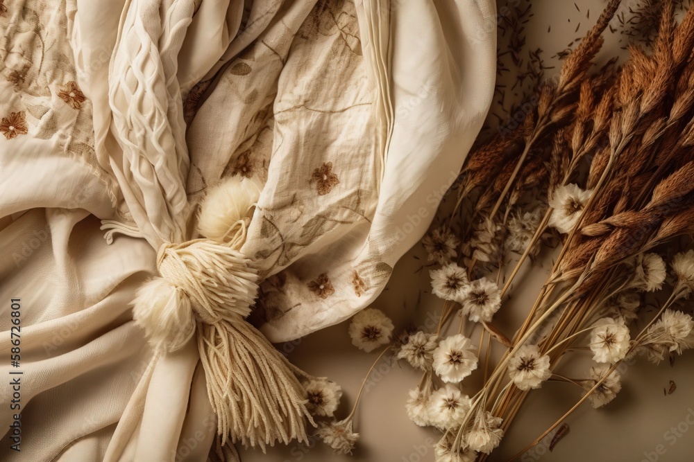 Poster a close up of a cloth and flowers on a table with a cloth on top of the cloth and flowers on the flo