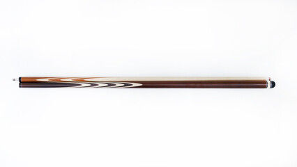 Billiard cues on a white background. Parts of a billiard cue close-up. Live photos of a billiard cue