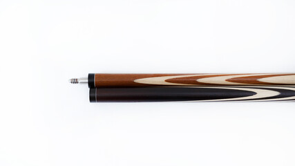 Billiard cues on a white background. Parts of a billiard cue close-up. Live photos of a billiard cue