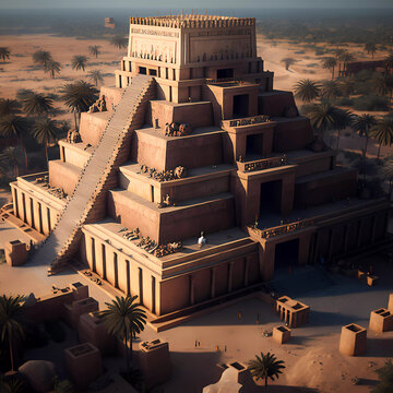 Babylon. Tower of Babel. Biblical city. Beautiful houses. Generative AI