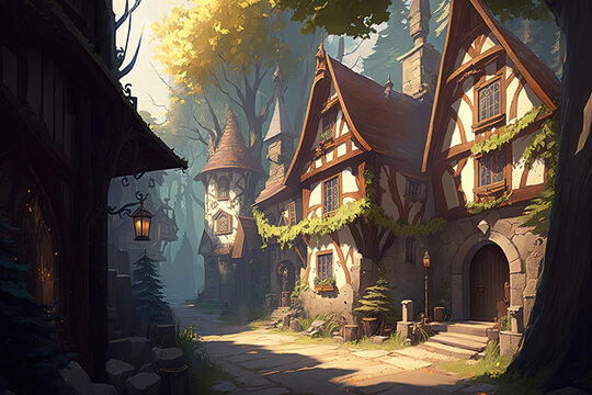 a painting of a village in the woods, medieval fantasy town, art illustration 