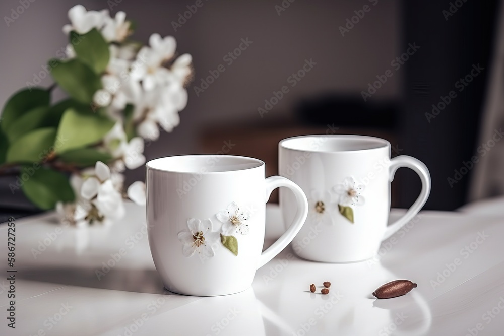 Poster two white coffee mugs sitting on top of a table next to a vase with flowers on it and a spoon in fro