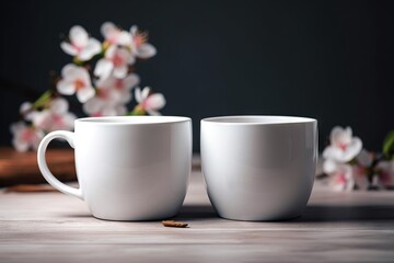Fototapeta na wymiar two white coffee mugs sitting next to each other on a table with a flower arrangement in the background and a black wall in the background. generative ai
