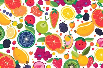  a bunch of different types of fruit on a white background with a pattern of oranges, lemons, grapes, and strawberries. generative ai