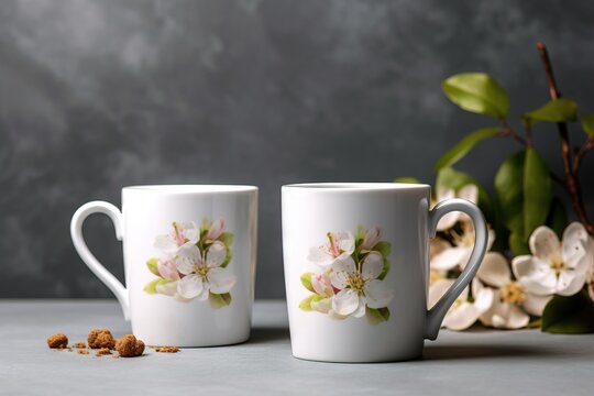  two coffee mugs with flowers painted on them sitting next to a vase with flowers on it and a branch of a tree in the background.  generative ai