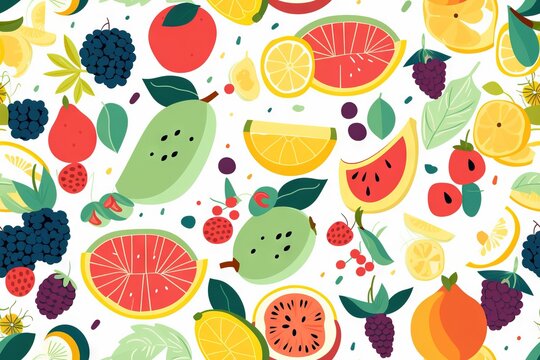  a bunch of fruit that are on a white surface with leaves and berries on it, and on top of each other, are oranges, lemons, grapes, lemons, rasp, and limes, and.  generative ai
