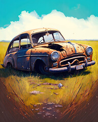 Obraz na płótnie Canvas an old rusted car sitting in the middle of a field, some rust, Generative ai
