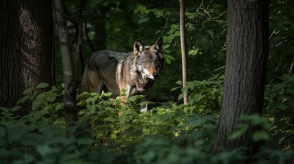 Fototapeta premium Illustration of a wolf in a forest. Generative AI.