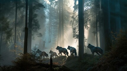 Illustration of a pack of wolves in a misty forest in the morning. Generative AI. - obrazy, fototapety, plakaty