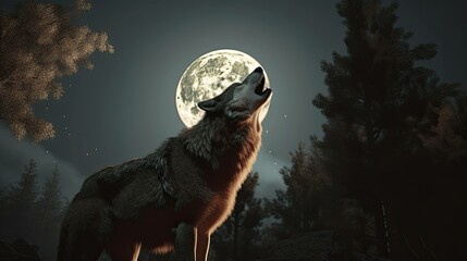 Illustration of a wolf howling at the moon. Generative AI.