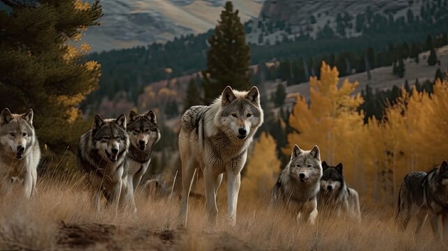 Illustration of a wolf pack in the mountains. Generative AI.