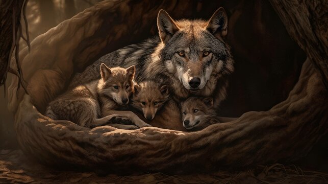Portrait of a wolf and her adorable cubs in their cozy den. Generative AI illustration.