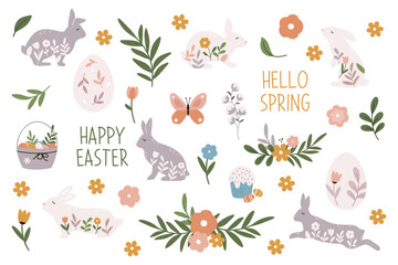 Easter cute bunny with floral elements. Adorable easter rabbit with traditional festive decor and lettering.