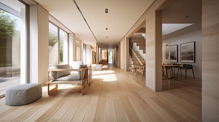 Fototapeta na wymiar Light wooden living room for the homely feeling, interior. Generative AI Technology 