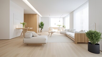 Naklejka na ściany i meble Light wooden living room for the homely feeling, interior. Generative AI Technology 