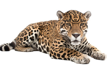Obraz premium an isolated jaguar side-view, laying down, reclining, horizontal, fierce jungle-themed photorealistic illustration on a transparent background in PNG. Panthera onca. Generative AI