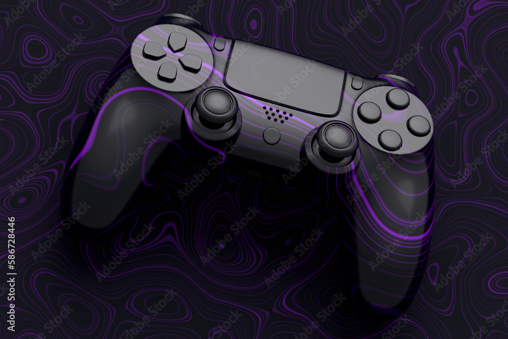 Poster realistic video game joystick with seamless wavy pattern on dark background
