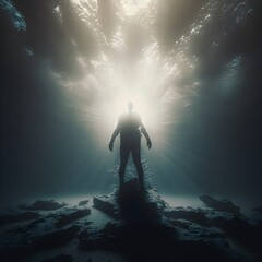 Silhouette of a person backlit under sea. Generative Ai illustration 
