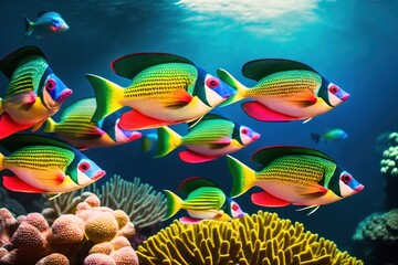 Fototapeta na wymiar A flock of tropical fish in a coral reef. Life in the coral reef underwater. Wildlife concept of ecological environment. Generative AI