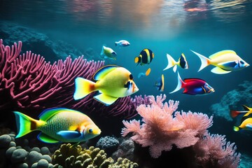 A flock of tropical fish in a coral reef. Life in the coral reef underwater. Wildlife concept of ecological environment. Generative AI