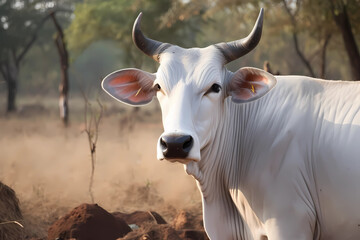 Zebu - India and Africa - A domesticated cattle species known for its hump and drought-resistant qualities. They are threatened by habitat loss and overgrazing (Generative AI) - obrazy, fototapety, plakaty