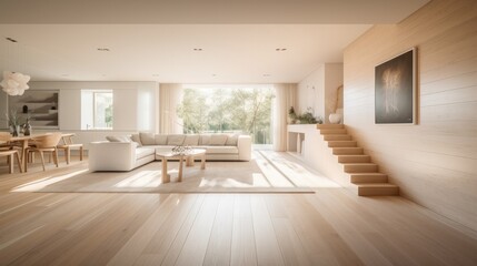 Modern light wooden living room which is the envy of all guests, Spacious interior. Generative AI Technology 