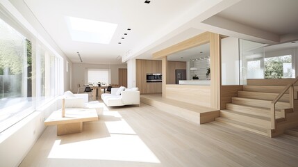 Obraz premium Modern light wooden living room which is the envy of all guests, Spacious interior. Generative AI Technology 