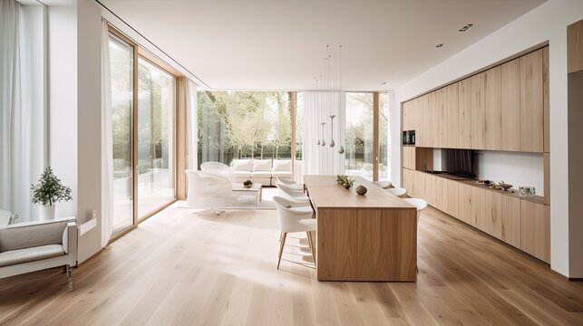 Modern light wooden living room which is the envy of all guests, Spacious interior. Generative AI Technology 
