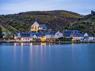 Fototapeta premium Beilstein village at dusk during autumn on Moselle river in Cochem-Zell district, Germany