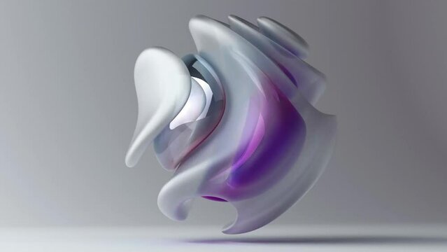 3d render of abstract art video animation with surreal flying ball or sphere in deformation process with translucent white matte plastic parts with glass purple blue core inside on grey background