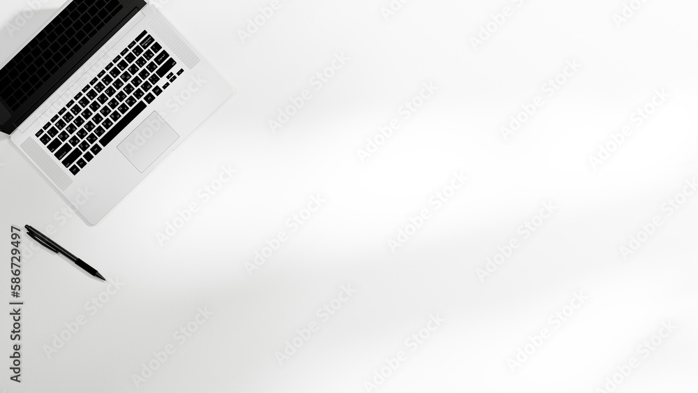 Poster office table and computer, concept, background top view with office supplies, white table with offis