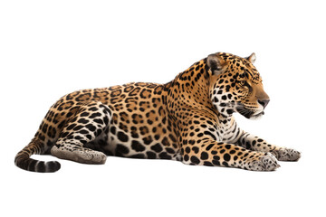 Fototapeta premium an isolated jaguar side-view, laying down, reclining, horizontal, fierce jungle-themed photorealistic illustration on a transparent background in PNG. Panthera onca. Generative AI