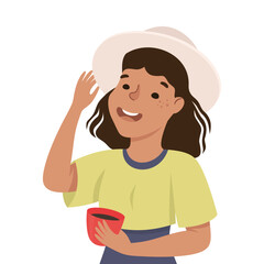 Young Female in Hat with Cup of Coffee Talking Engaged in Conversation with Someone Vector Illustration