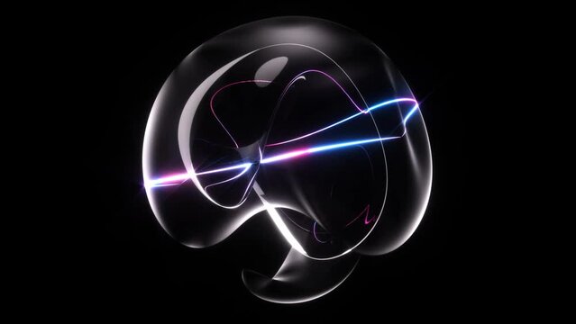 3d video animation of surreal mystic alien ball or sphere sculpture in curve wavy organic lines forms in deformation process in translucent glass material with laser plasma neon lines around in blue