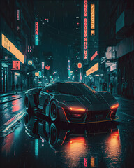 a car driving down a city street at night, cyberpunk, futuristic generative ai concept art 