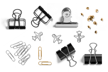 Set of various binder clip, paper clips, metal thumb tack, paper clamp isolated on a transparent background, PNG. High resolution.