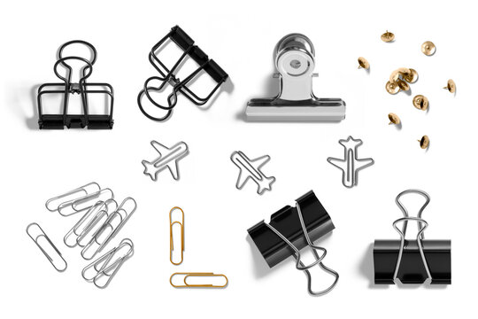 Set of various binder clip, paper clips, metal thumb tack, paper clamp isolated on a transparent background, PNG. High resolution.