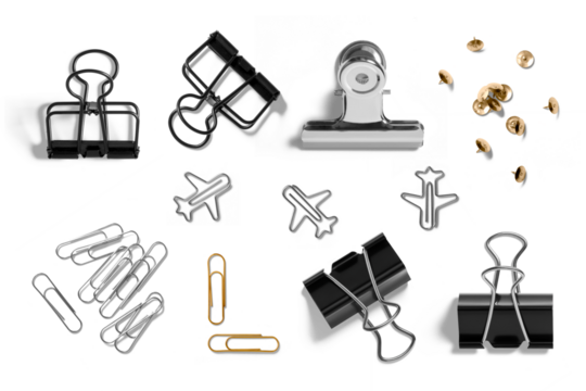 Set of various binder clip, paper clips, metal thumb tack, paper