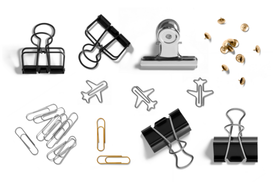 Set of various binder clip, paper clips, metal thumb tack, paper clamp isolated on a transparent background, PNG. High resolution.