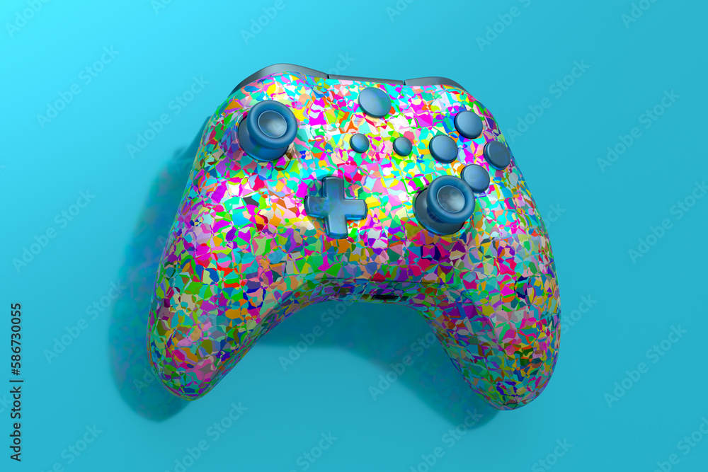 Poster Realistic video game joystick with mosaic pattern on multicolor background