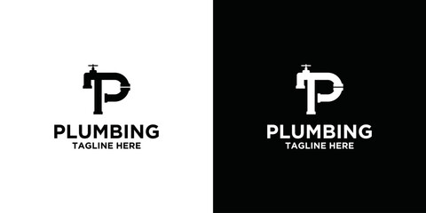 Letter P Plumbing service logo design template, concept of drain pipe, repair work, water drop, pipe and wrench plumbing icon