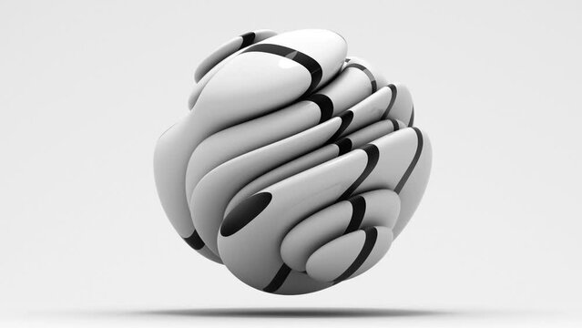 3d video render with abstract black and white monochrome art with surreal ball sculpture in spherical organic curve wavy smooth soft biological lines forms in glossy ceramic on white background