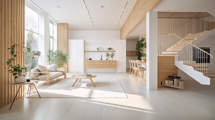 Living room made of light wooden for the cozy home, interior. Generative AI Technology 